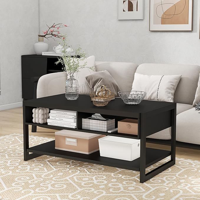 Solid Wood Coffee Table with Storage Living Room Table with 2 Drawers Shelf & Reinforced Legs
