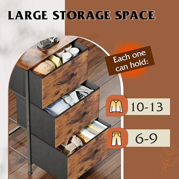 WLIVE Dresser with 3 Drawers, Fabric Nightstand, Organizer Storage Dresser for Bedroom, Hallway, Entryway, Closets, Sturdy Steel Frame, Wood Top, Easy Pull Handle, Rustic Brown Wood Grain Print - Image 5