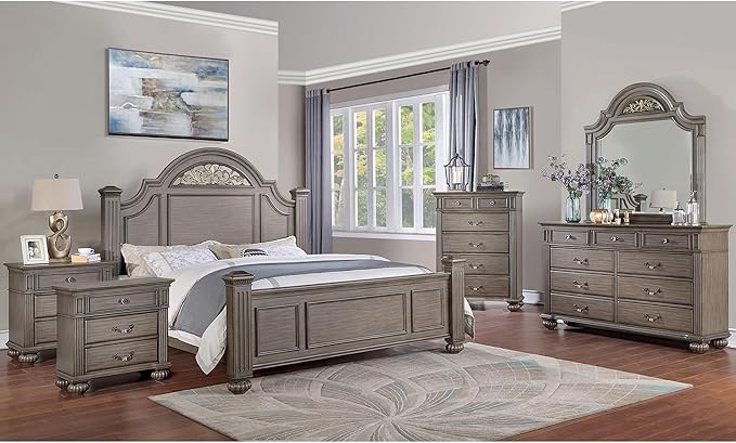 Furniture of America Malierd Traditional Wood 6-Piece Set, Panel California King-Size Bed, 3-Drawer Nightstands, Chest, Dresser and Mirror for Bedroom, Gray