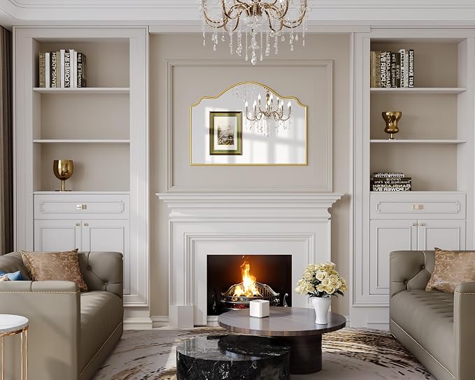 Arched Scalloped Mirror, 36" x 26" Gold Arched Fireplace Mirror with Rubberwood Frame, Scalloped Antique Wall Mirrors for Mantel, Bedroom, Living Room, Bathroom, Entryway - Image 5