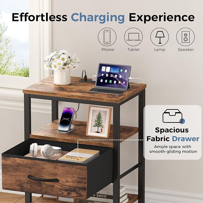 OLIXIS Nightstand with Charging Station, Bedside Tables with USB Ports and Fabric Drawer, Small Night Stand with Open Adjustable Shelf, Compact End Table for Bedroom, Rustic Brown - Image 4