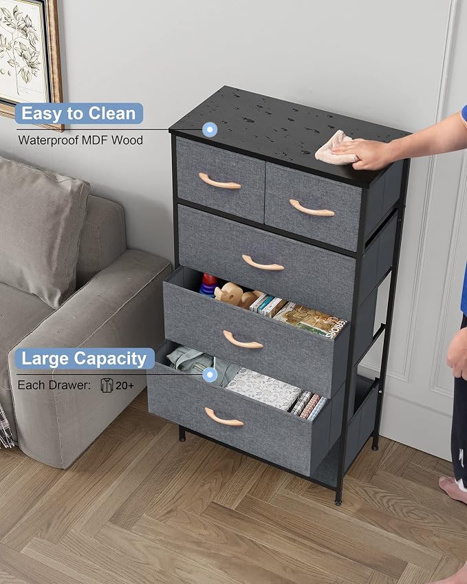 Crestlive Products Vertical Dresser Storage Tower - Sturdy Steel Frame, Wood Top, Easy Pull Fabric Bins, Wood Handles - Organizer Unit for Bedroom, Hallway, Entryway, Closets - 6 Drawers (Gray) - Image 6