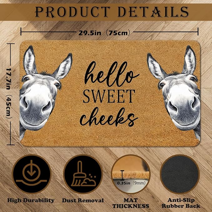 Hello Sweet Cheeks Funny Donkey Faux Coir Welcome Door Mat Doormat for Front Door Indoor Outdoor Porch Entrance Entryway Outside Inside, Sweet Cheeks Bathroom Rug, 17x30 Inches - Image 3