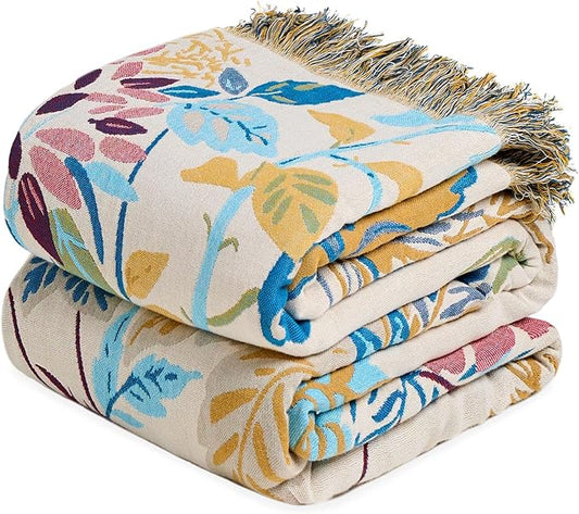 Boho Throw Blanket - 100% Cotton Throw Blankets for Bed Couch, 60"x80" Soft Muslin Lightweight Spring Throw Blanket, Cozy Floral Plant Printed Bohemain Bedding Decor Green Throw Quilt