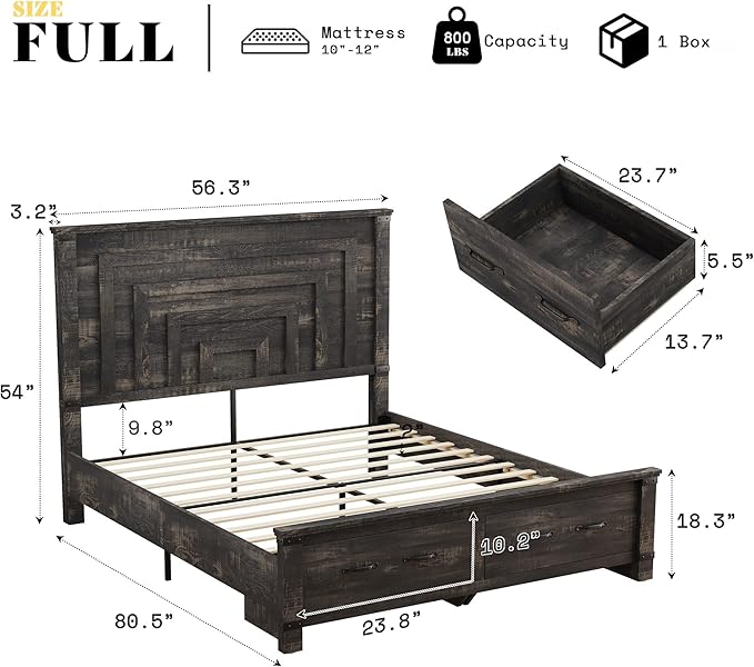 AMERLIFE 5 Pieces Farmhouse Bedroom Set, Includes Rustic Full Bed Frame with 54" Tall Headboard, 6 Drawer Dresser, 5 Drawer Tall Chest, Nightstands Set of 2 with Charging Station, Black Oak