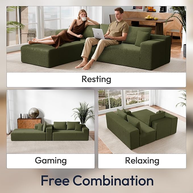 Cloud Sectional Couch, 105" Modular Sectional Sofa with Right Chaise Lounge, Modern Modular L-Shape Sofa with Pillows & Deep Seat, Wool Fabric Boneless Couches for Living Room Bedroom, Green