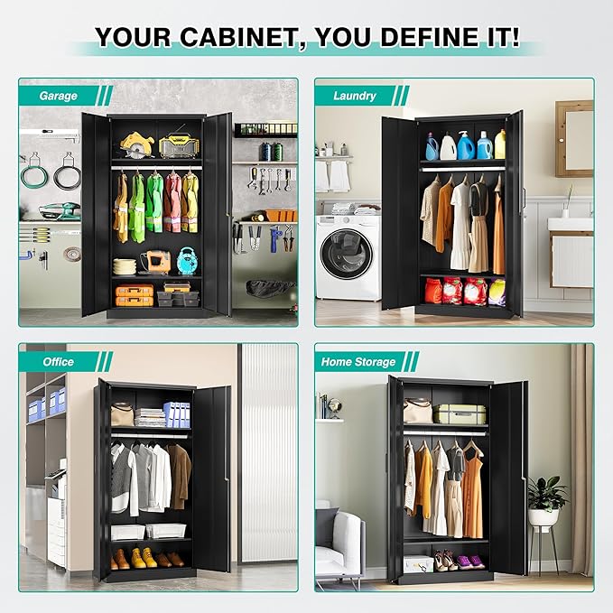 Metal Wardrobe Cabinet with Hanging Rod & Lock,Black Armoire Wardrobe Closet,Metal Clothing Storage Cabinet with Adjustable Shelves and Doors,72" Amroire Storage Cabinets for Home,Living/Laundry Room