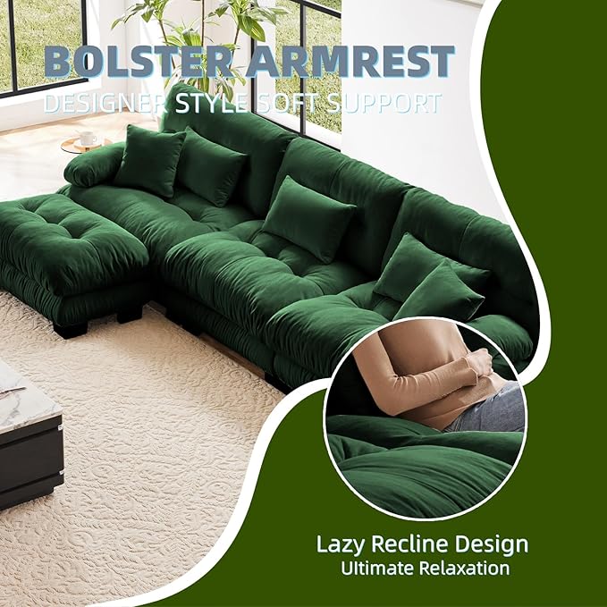 133.8" L-Shaped Cloud Couch, Oversized Modular Sectional Sofa, Deep Seat Cloud Boneless Couch, 3-Seat Modular Sectional Sofa with Ottoman or Living Room,Bedroom and Apartment, Green