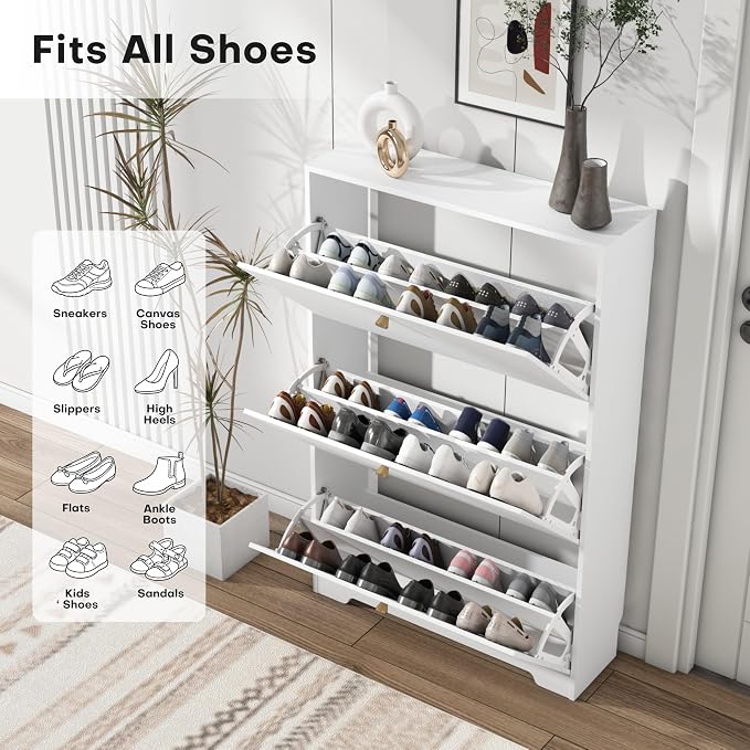 Nicetree Shoe Cabinet with 3 Flip Drawers, Narrow Shoe Organizer Cabinet, Freestanding Shoe Rack Cabinet, Morden Shoe Storage Cabinet for Entryway, Hallway, Foryer, White with Hook - Image 3