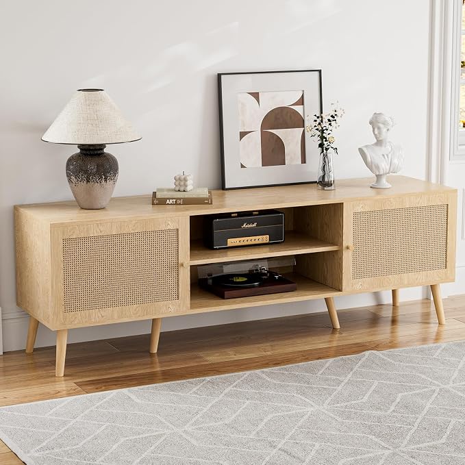 ZttRiee TV Stand for TVs up to 65'', Entertainment Center With Rattan Door, Shelves & 2 Cabinets, Long Boho Media Console for Living Room, Natural by ZttRiee