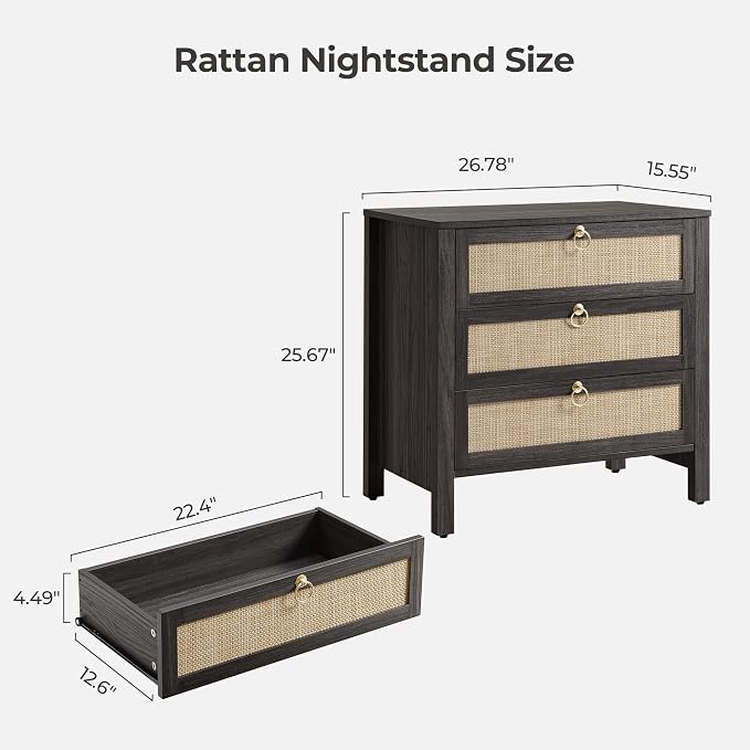 SICOTAS Night Stand with Drawers, Large Rattan Bedside Table with Golden Handle, 3 Drawers Nightstand Tall End Table Side Table Boho Nightstand for Bedroom - Image 2