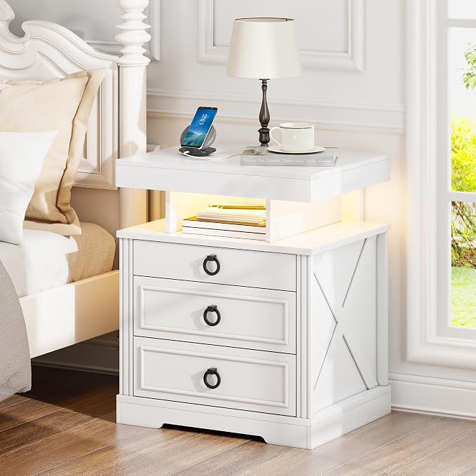 Gurexl Farmhouse Set of 2 Night Stand with Lockable Gun Drawer,LED Nightstand with Charging Station,Bedside Table with Human Sensor 3-Color Lights,End Table with 3 Drawers,Bedroom,White - Image 8