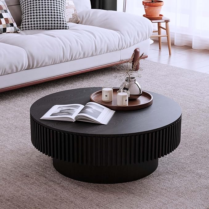 Round Coffee Table with Storage, Modern Wooden Coffee Table with Solid Wood Veneered, Circle Center Table Accent Tea Table for Living Room Apartment Small Space (31.5''L × 31.5''W × 14''H, Black)