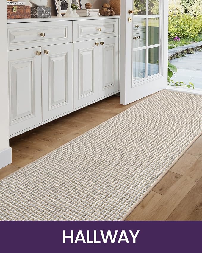 DEXI Hallway Runner Rug 2'4"x8', Non Slip Rubber Backed Runners Carpet, Ultra Thin Entryway Rugs Indoor for Kitchen Hallway Entrance Bedroom, Beige and White - Image 7