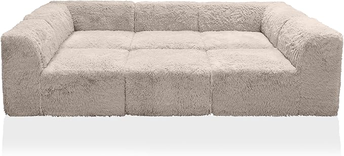 Furniture of America Havyn Modern Faux Fur 6-Seater Modular Foam Sofa Bed with Ottoman, Compressed Couch in a Box, No Assembly Required, for Living Room and Office, Taupe