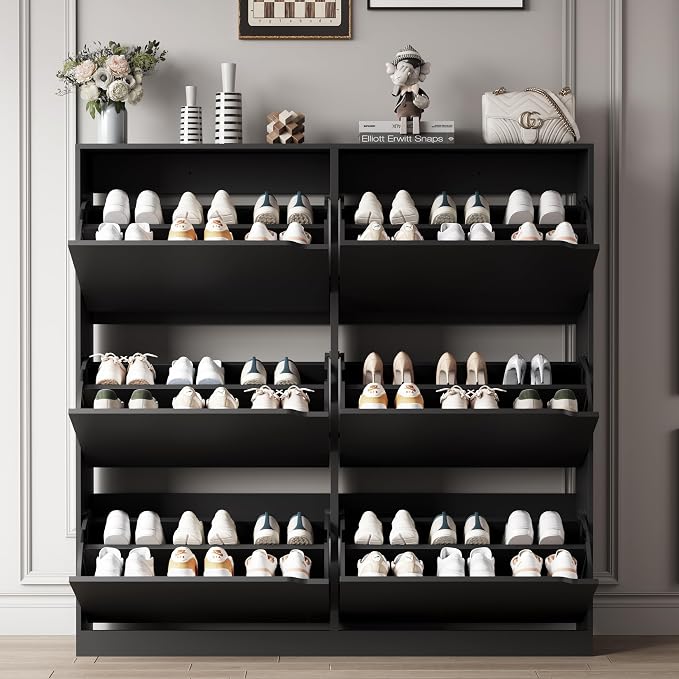 Xixini Shoe Storage Cabinet for Entryway with 6 Flip Drawers, Sturdy Wood Hidden Shoe Storage, Freestanding Narrow Slim Shoe Organizer for Front Door Entrance, Living Room, Hallway, Bedroom, Black - Image 6