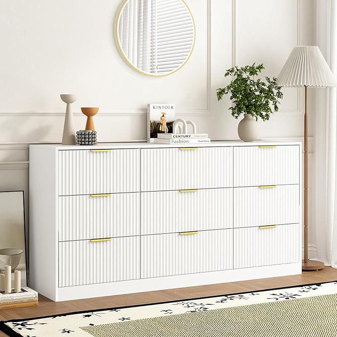 9 Drawer Dresser and Nightstand Sets for Bedroom, 3 Pcs Bedroom Set, Night Stand Set of 2 & 9 Drawer Dresser with Gold Handles, Modern Wood Chest of Drawers Storage Cabinet Set, White