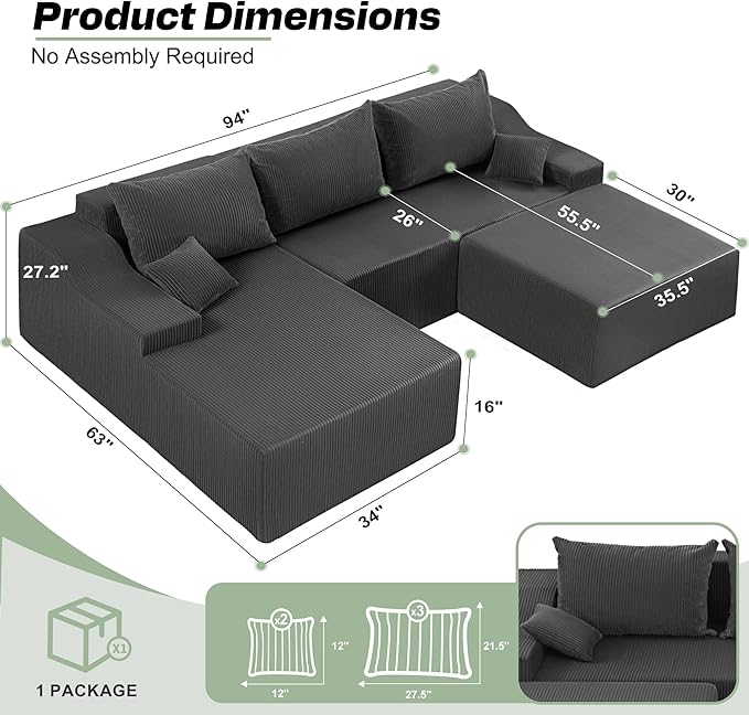 HABUTWAY 94“ U Shaped Modular Sectional Couch for Living Room, Modular Cloud Sofa with Ottoman, No Assembly Boneless Couches with Deep Seat, Corduroy Fabric (Grey, Left Facing)