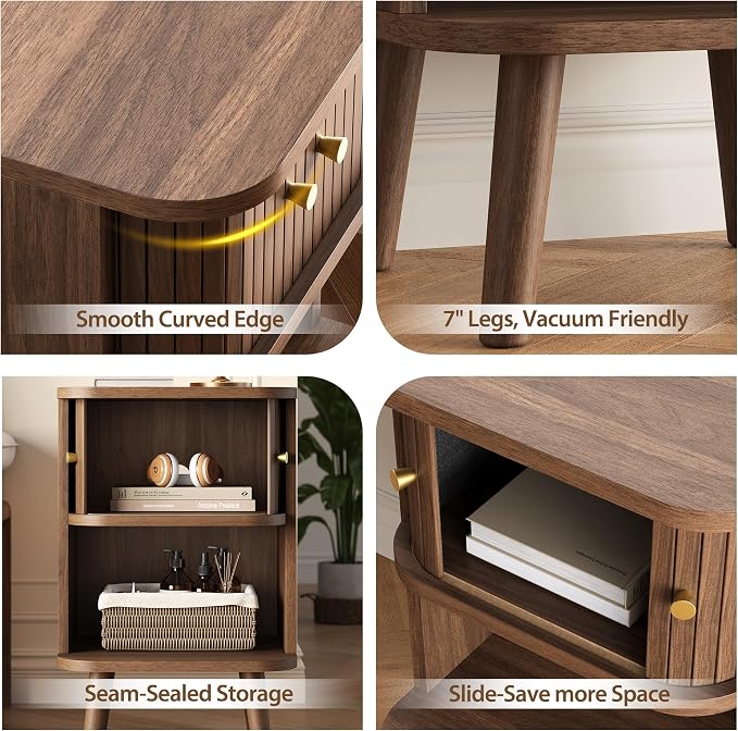 Decofy Fluted Nightstand, Mid Century Modern Bedside Table with Charging Station, Walnut End Tables with Sliding Tambour Doors, Storage Cabinet and Open Shelf for Bedroom, Walnut - Image 5