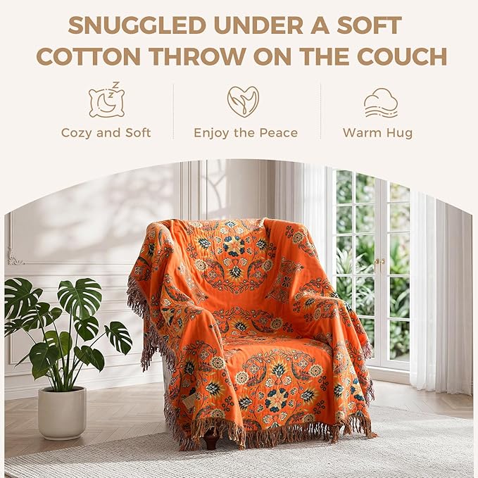 Boho Throw Blanket for Bed 100% Cotton Soft Lightweight Quilt Floral Embroidery Home Decor Spring Breathable Bed Blankets,60"x80" Twin All Season Reversible Blankets for Sofa Couch Chair