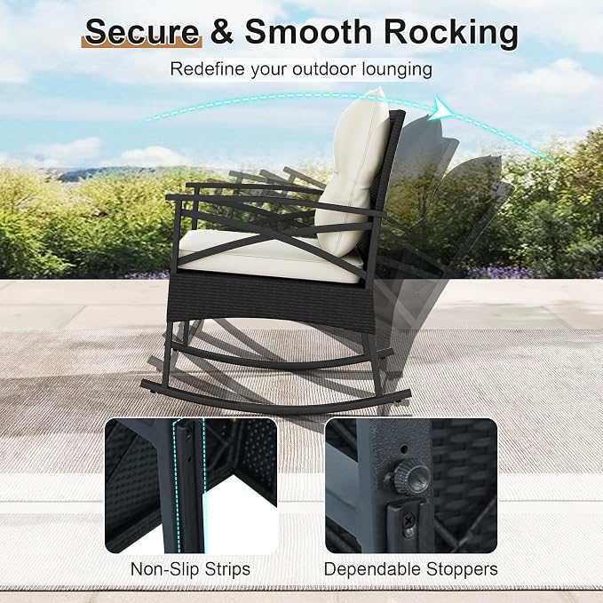 Tangkula 3 Pieces Outdoor Rocking Chairs Set, Rattan Heavy Duty Cushioned Rocker Chairs with 2-Tier Tempered Glass Coffee Table, for Garden, Balcony, Backyard (Black+Beige) - Image 4