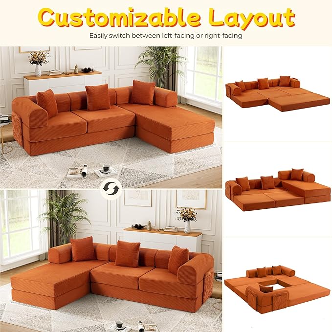 106.3" L Shape Convertible Sleeper Sofa Bed, Oversized Modular Sectional Cloud Sofa with Fixed-Shape Frame & Storage Pocket, Boneless Couch for Living Room, No Assembly Required, Orange