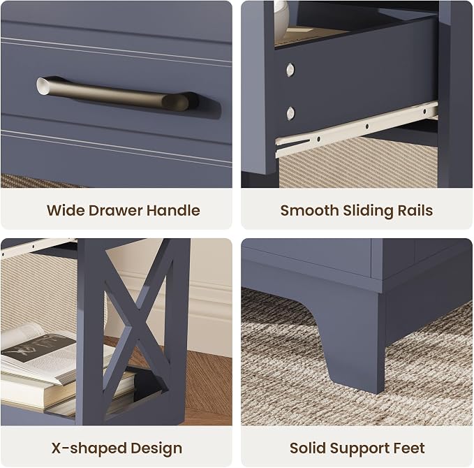 Tall Nightstand Set of 2 Side Table Modern Night Stand with 2 Drawers Wooden Rustic End Table Bedside Table with Upper Open Shelf Solid Feet for Bedroom Navy Blue+Walnut - Image 7