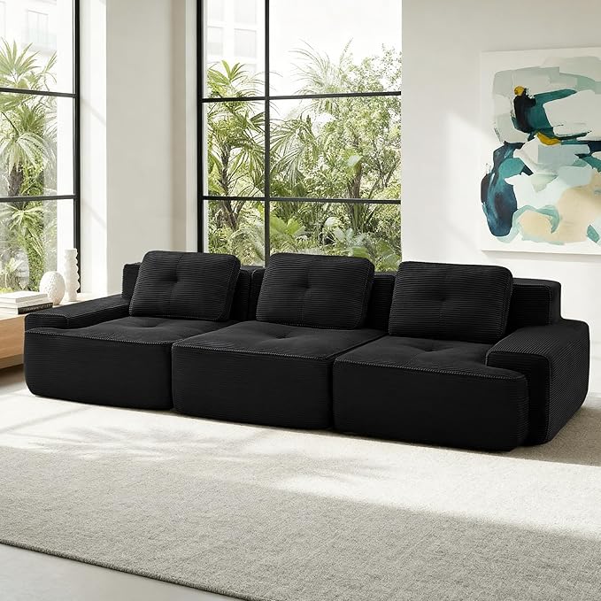 Casaphoria 115'' Black Corduroy Sofa, Boneless Sectional Couch with 3 Pillows for Modern Living Room, Deep Seat Sofa No Assembly Modular Cloud Couch