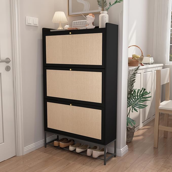 AVZEAR Shoe Cabinet, Shoe Cabinet Freestanding Tipping Bucket Shoe Rack Organizer with 3 Flip Drawers, Modern Entryway Narrow Shoe Rack for Entryway, Hallway, Bedroom (Black) - Image 3