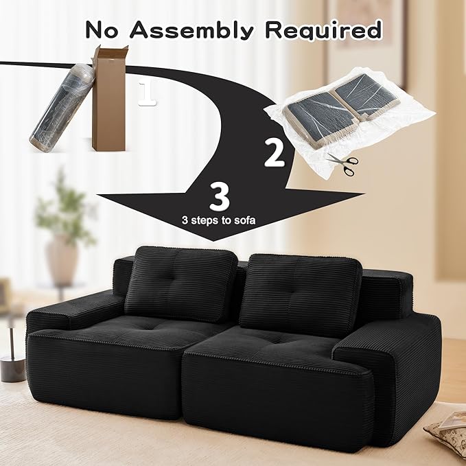 Casaphoria 80'' Corduroy Couch Sectional, 2 Seater Boneless Couches for Living Room, Black Modular Cloud Sofa with 2-Pillow, Extra Deep Seat Sofa with No Assembly