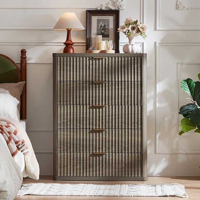 LEYAOYAO Fluted 5 Drawers Dresser Set of 2, 41" Tall Modern Chest of Drawers with Metal Handle, Curved Profile Dresser TV Stand, Wooden Drawer Organizer for Bedroom, Living Room, Hallway,Grey - Image 3