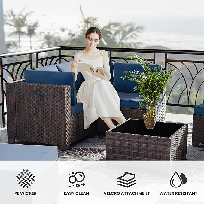 12 Pieces Outdoor Patio Furniture Set,Outdoor Sectional Furniture All Weather PE Rattan Wicker Patio Conversation Set with Coffee Table,Swivel Rocking Chairs Set,Navy Blue