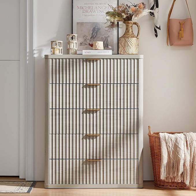 LEYAOYAO Fluted 5 Drawers Dresser for Bedroom, 41" Tall Modern Chest of Drawers with Metal Handle, Curved Profile Farmhouse Closet Organizer Wood Dressers TV Stand for Living Room, Hallway, Lightgrey - Image 3