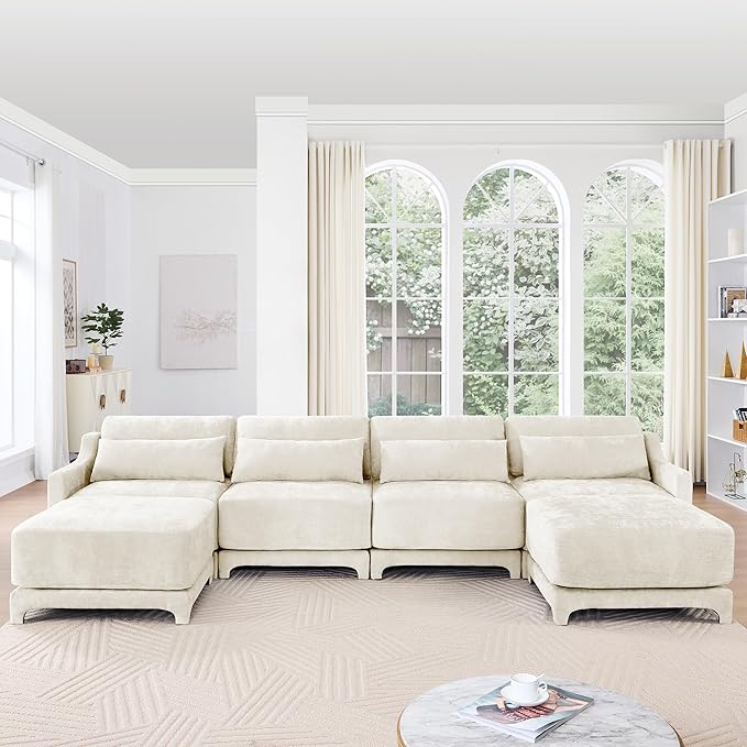 Ball & Cast 141.7" Modular Sofa Couch with Deep Seat Chenille Sofa and Wide Armrest,2 Ottoman Modern Comfy 4-Seater Couch for Living Room, Office, Apartment, Easy to Assembly, Beige