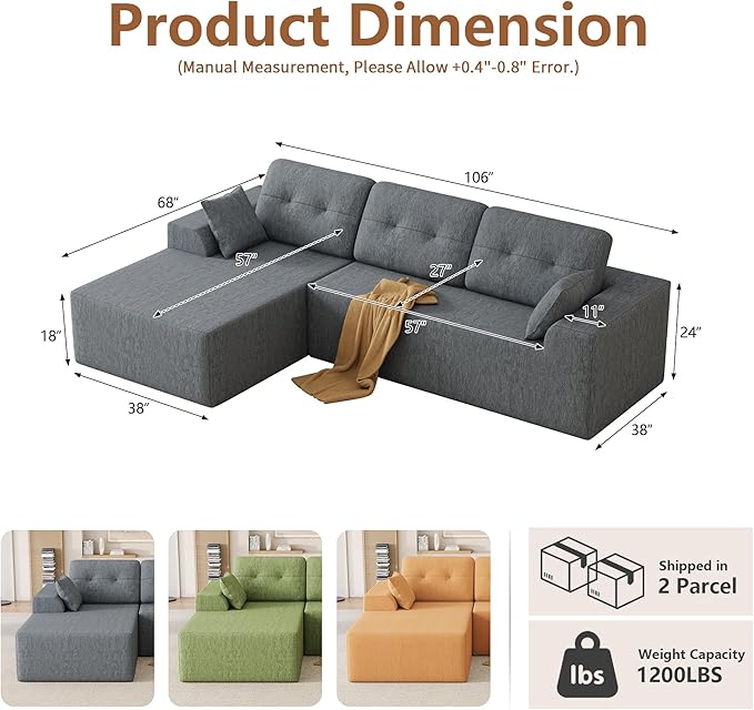 Ball & Cast 106" Cloud Modular Sectional Sofa, Boneless Chenille Couch with Deep Seat, Comfy L-Shaped Sectional, Modern Upholstered Sofa for Living Room, No Assembly (Gray, Left Facing Chaise)