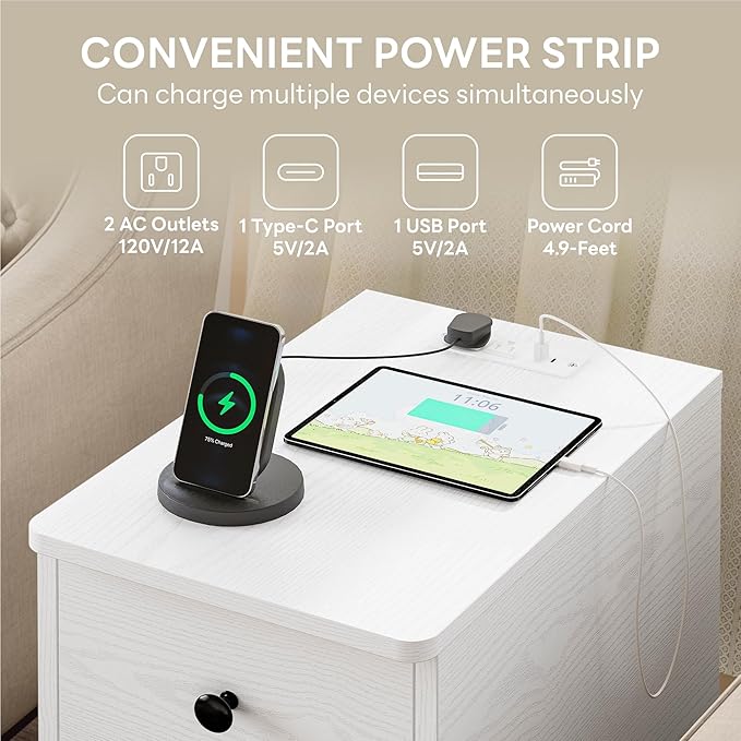 LIKIMIO Nightstand with Charging Station, Narrow Bedside Table with 3 Drawers, End Table with USB Ports and Outlets, Side Table for Living Room/Bedroom Modern - Image 4