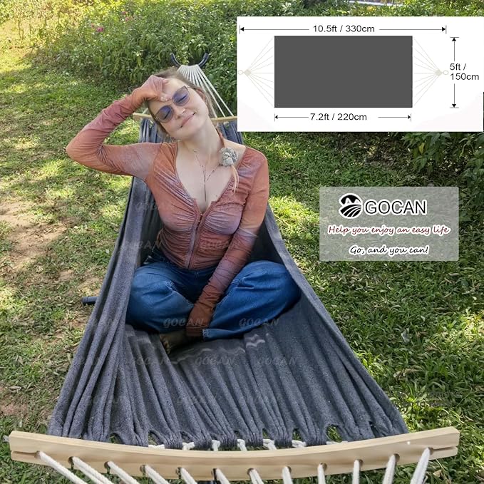 GOCAN Double Hammock 2 Person Extra Large 220x150cm Total Length 330cm Load 500lb Canvas Cotton Hammock for Patio Porch Garden Backyard Lounging Outdoor and Indoor with Removable Spreader bar - Image 2