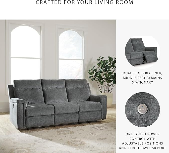 Signature Design by Ashley Barnsana Minimalist Power Reclining Sofa with USB Charging Ports, Gray