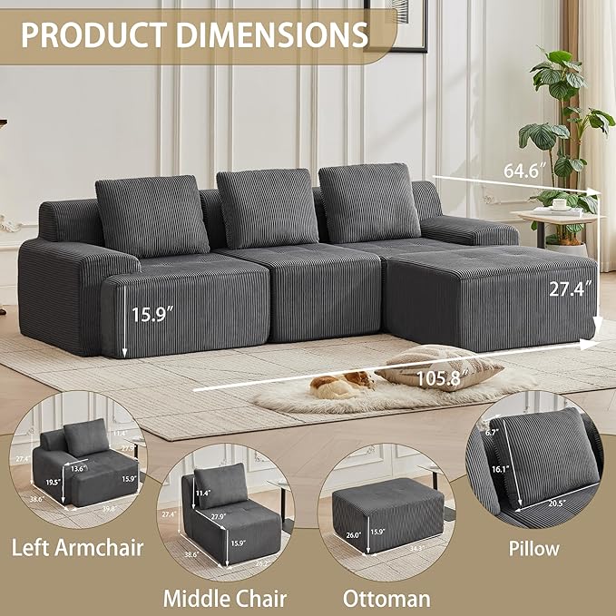 105.8'' Modular Sectional Sofa with Movable Ottoman, 3 Seat Deep Seat Couch with 3 Pillows, Comfy Cloud Sectional Sofa for Living Room, Bedroom (Grey, 1 Left+1 Right+1 Middle+1 Ottoman)