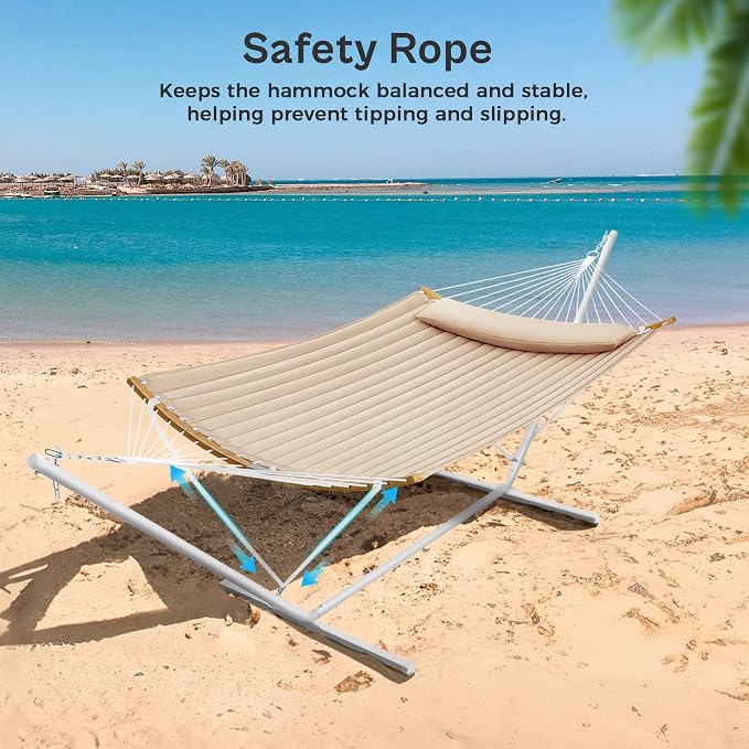 SUPERJARE Hammock with Stand, 2 Person Heavy Duty Hammock with Padded Cotton, Detachable Pillow & Strong Curved-Bar & Portable Carrying Bag, Perfect for Outdoor & Indoor, Beige - Image 5