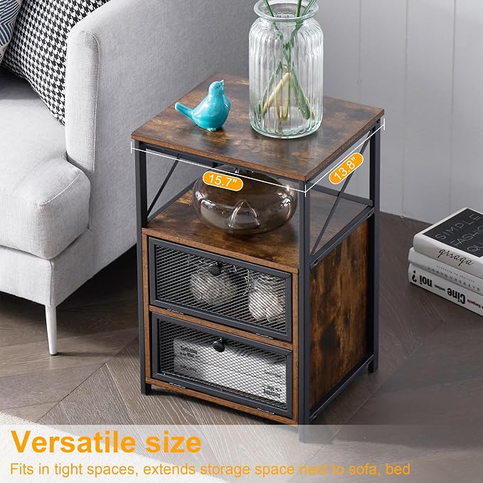 VECELO End Table with flip Drawer and X-Design Side, Modern Style and studry Nightstand for Bedroom Office, Easy Assembly,Set of 2,Retro Brown - Image 4