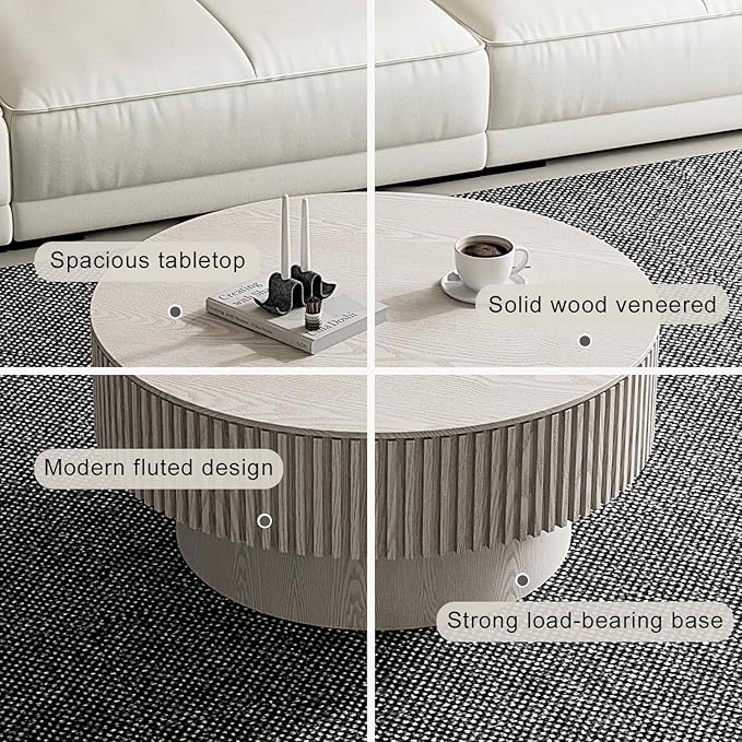 Round Coffee Table with Storage, Modern Wooden Coffee Table with Solid Wood Veneered, Circle Center Table Accent Tea Table for Living Room Small Space (31.5''L × 31.5''W × 14''H, Retro White)