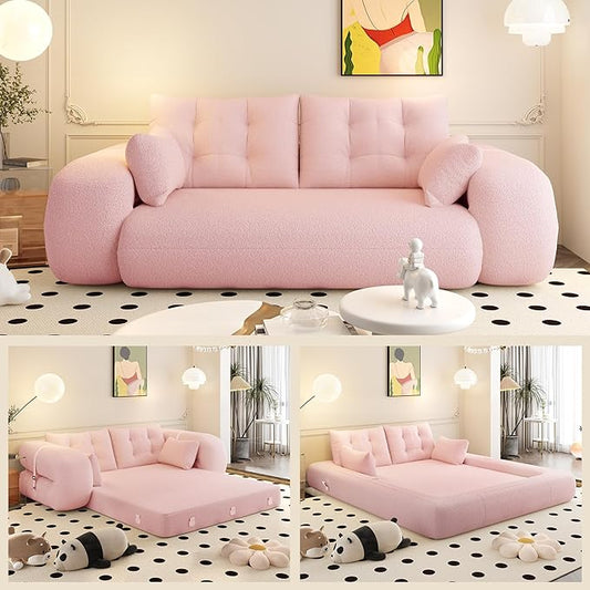 78.7" Convertible Sofa Bed, 3-in-1 Folding Floor Couch with 4 Pillows, Sleeper Sofa for Living Room and Guest Bed, No Assembly Required (Pink, Teddy Fabric)