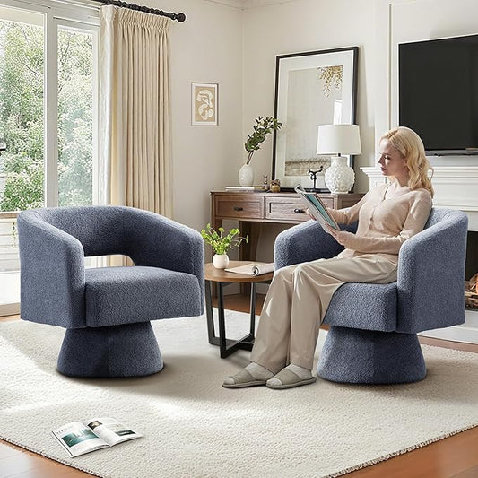 ClinQ Swivel Barrel Accent Chair, Oversized Teddy Upholstered Round Swivel Chairs Set of 2, Modern Luxury 360° Living Room Vanity Chair for Bedroom Office&Living Room, Blue