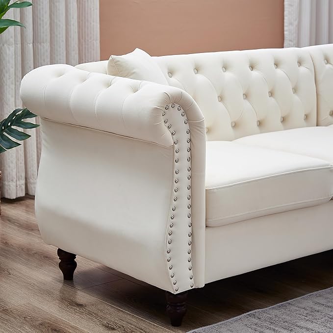 KEIKI 83.5" Chesterfield Corner Sofa, Retro Style Upholstered L-Shaped Velvet Couch with Rolled Arm, 5 Seater Corner Sofas for Living Room Bedroom Office Apartment, Beige