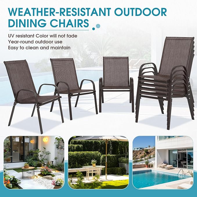 Outdoor Stackable Chairs Set of 8, Stacking Patio Chairs with Textilene Fabric, Outside Furniture for Garden Backyard Balconie Poolside Deck, Brown - Image 7