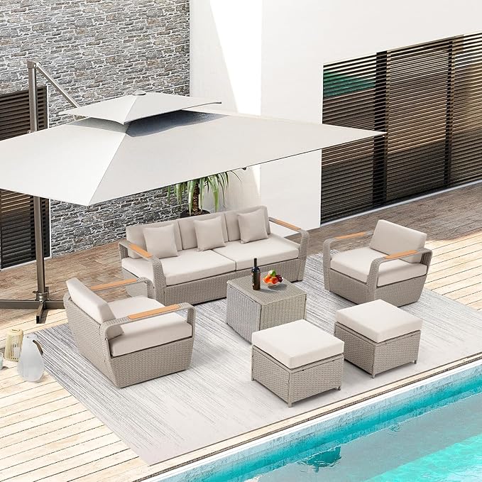 HOMREST 6 Pieces Patio Furniture Set, Outdoor Sectional Conversation Rattan Sofa Set with Ottoman and Outdoor Side Coffee Table for Garden, Porch, Backyard (Light Gray)