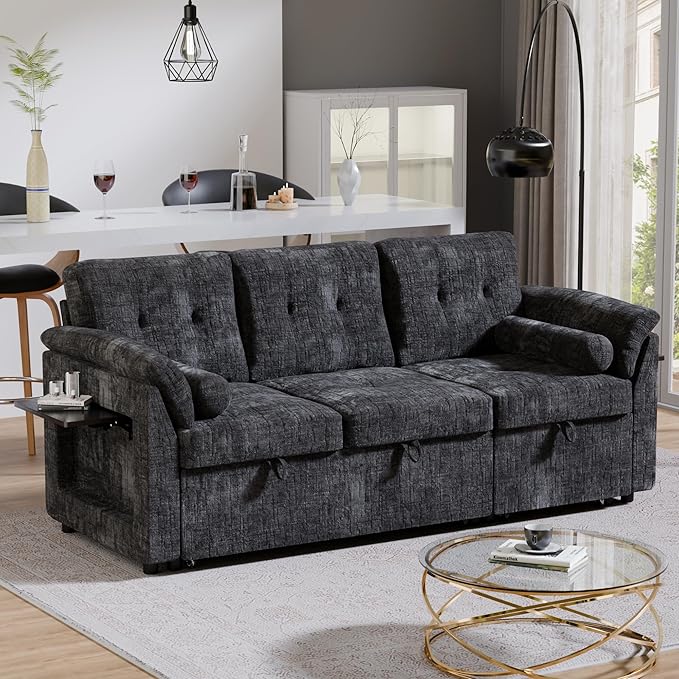 3 in 1 Convertible Sofa Bed, Chenille Pull Out Couch with Side Table, 3 Seat Pull Out Sofa Bed with Level Adjustable Backrest, Comfy Sleeper Sofas for Living Room, Apartment, Black