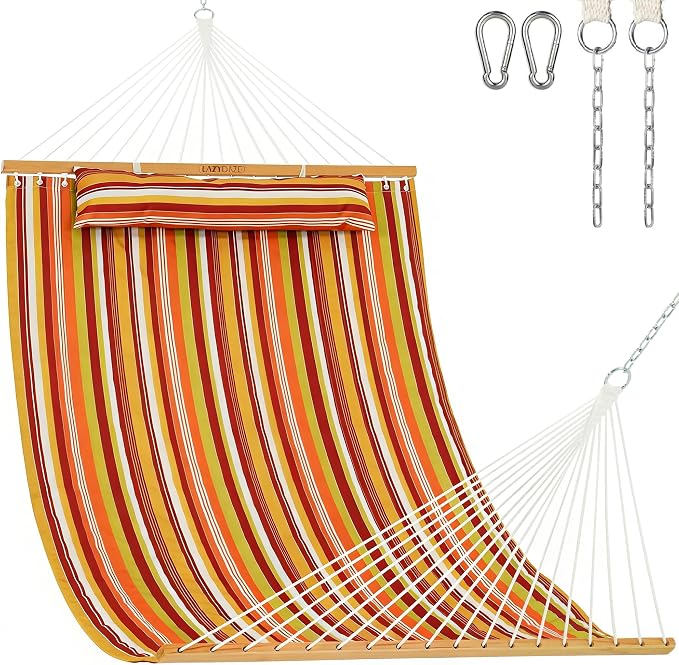 Lazy Daze Hammocks 12 FT Quilted Fabric Double Hammock with Spreader Bars and Detachable Pillow, 450lbs Weight Capacity, Vivid Stripe by LazyDazeHammocks