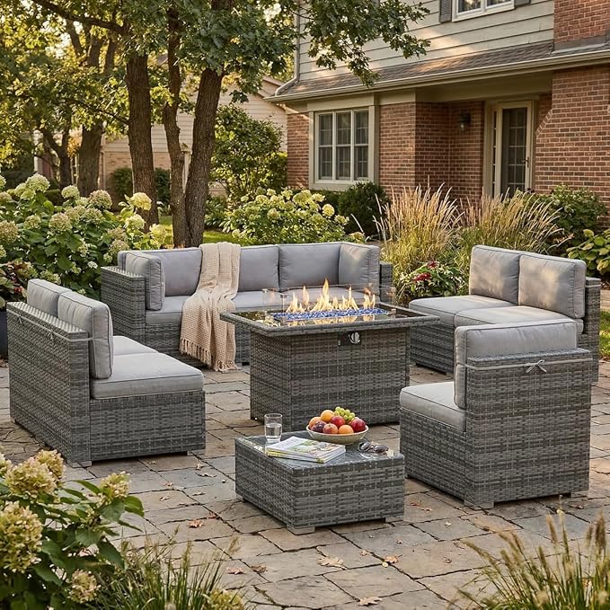 10 Pieces Patio Furniture Set with 44" Propane Gas Fire Pit Table, Outdoor Sectional Wicker Conversation Sofa Sets with Coffee Table